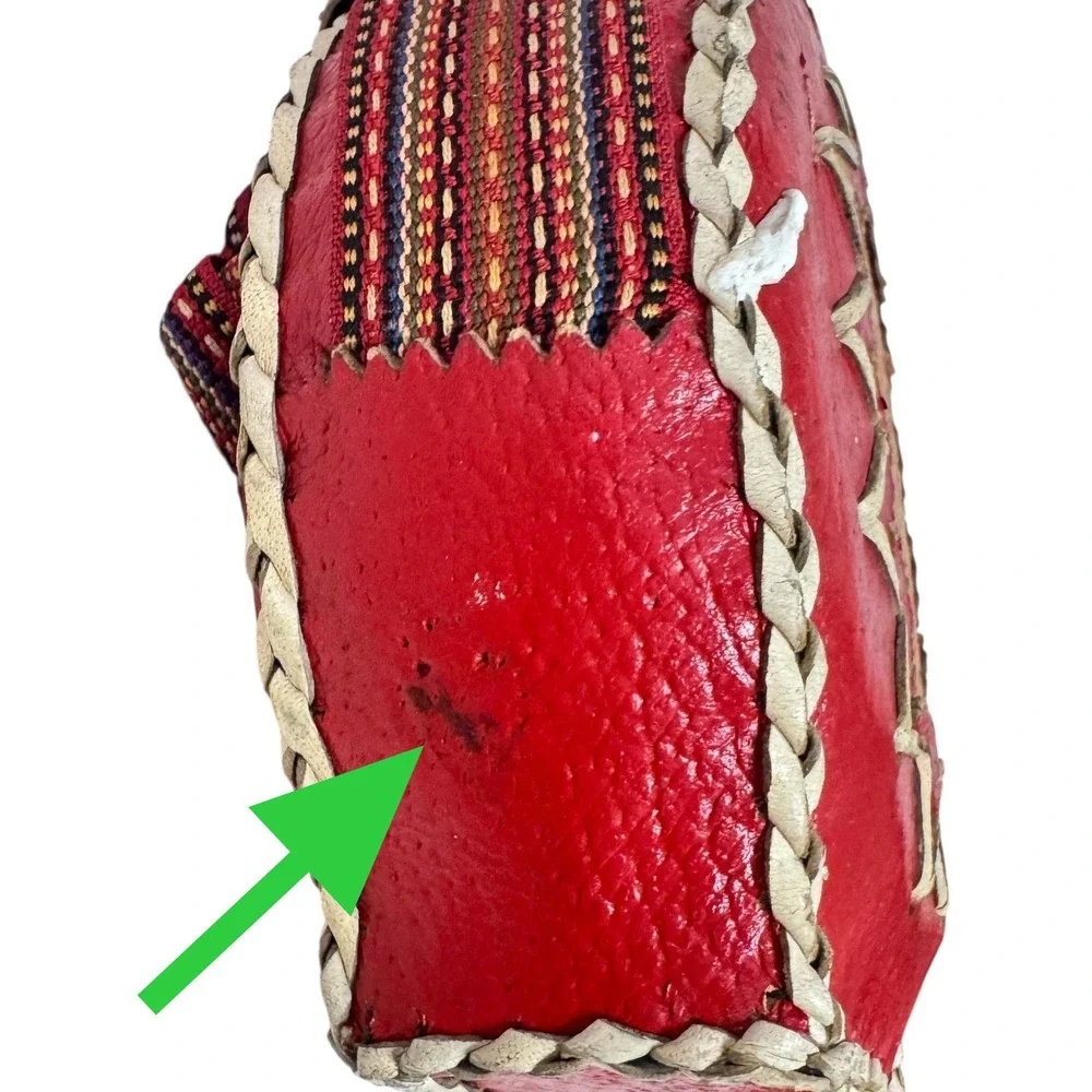 Vintage Red Leather Wrapped Glass Canteen Woven Strap Southwestern Folk Art Boho